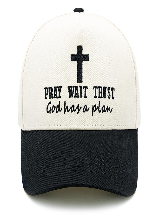 HAFOUXIGM Christian Baseball Cap for Men Women, Embroidered Pray Wait Trust God Has A Plan Jesus Cross Hat Adjustable Faith Trucker Hat Beige/Black - Image 1